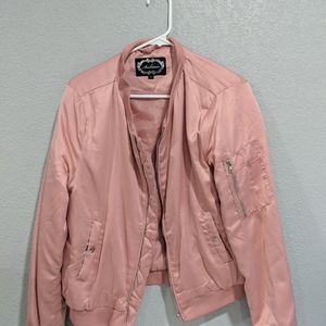 Women's Vintage Satin Pink Retro Flight Bomber Lightweight Jacket Size L